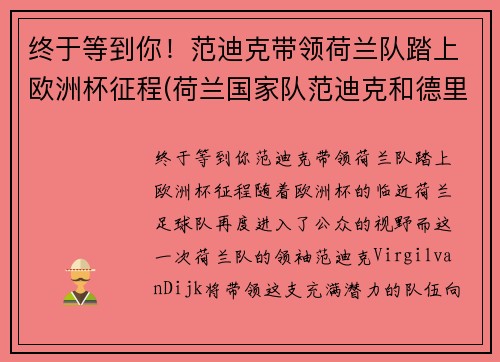 终于等到你！范迪克带领荷兰队踏上欧洲杯征程(荷兰国家队范迪克和德里赫特)